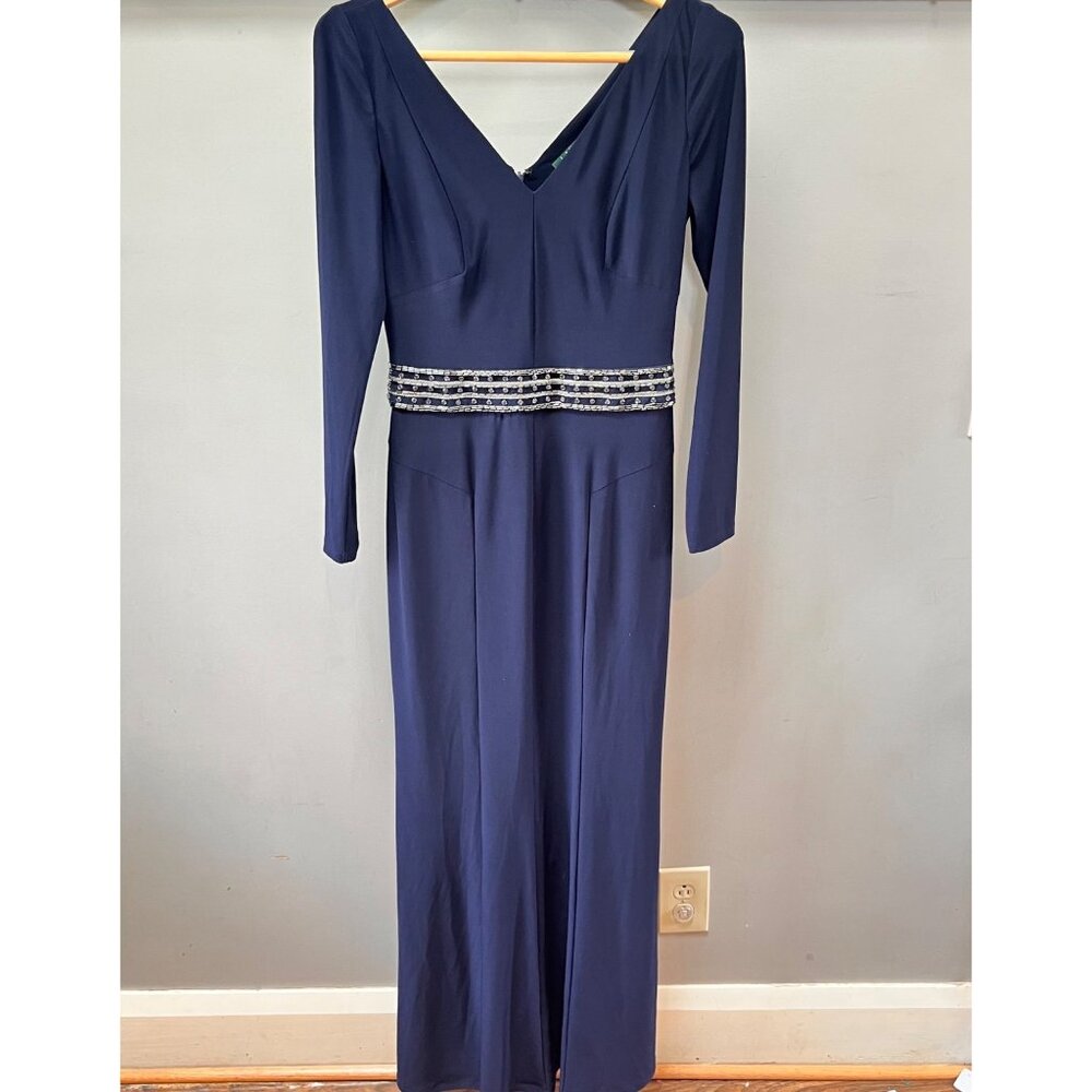 Lauren Ralph Lauren Navy Evening Gown With Beaded Waist & Long Sleeves Size 4